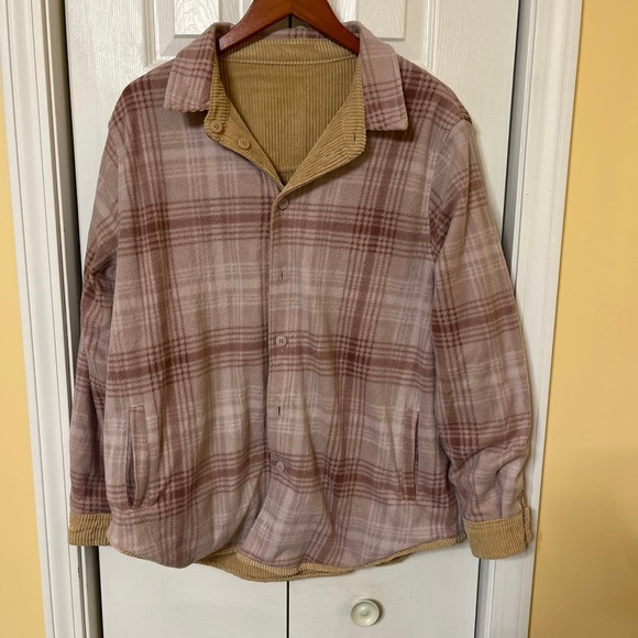 Love Tree Women's Tan Corduroy Pink Flannel Reversible Shacket Pockets XL - Picture 4 of 7